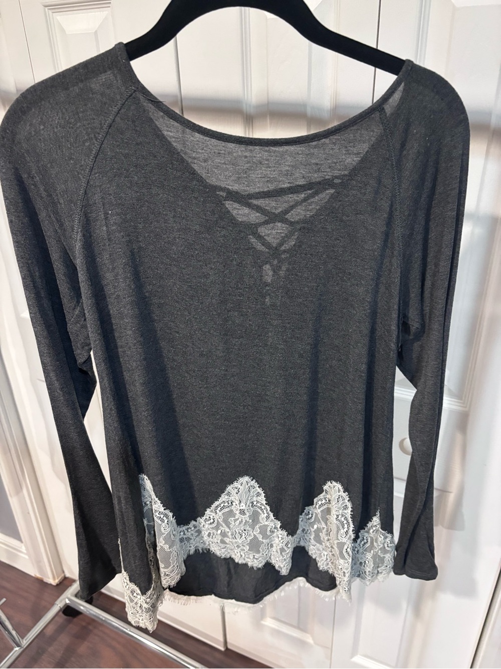 Altar'd State Charcoal Gray Lace-Hem Long Sleeve Top